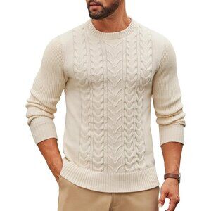 Coofandy Men Apricot Crewneck Pullover Twist Textured Fisherman Sweater